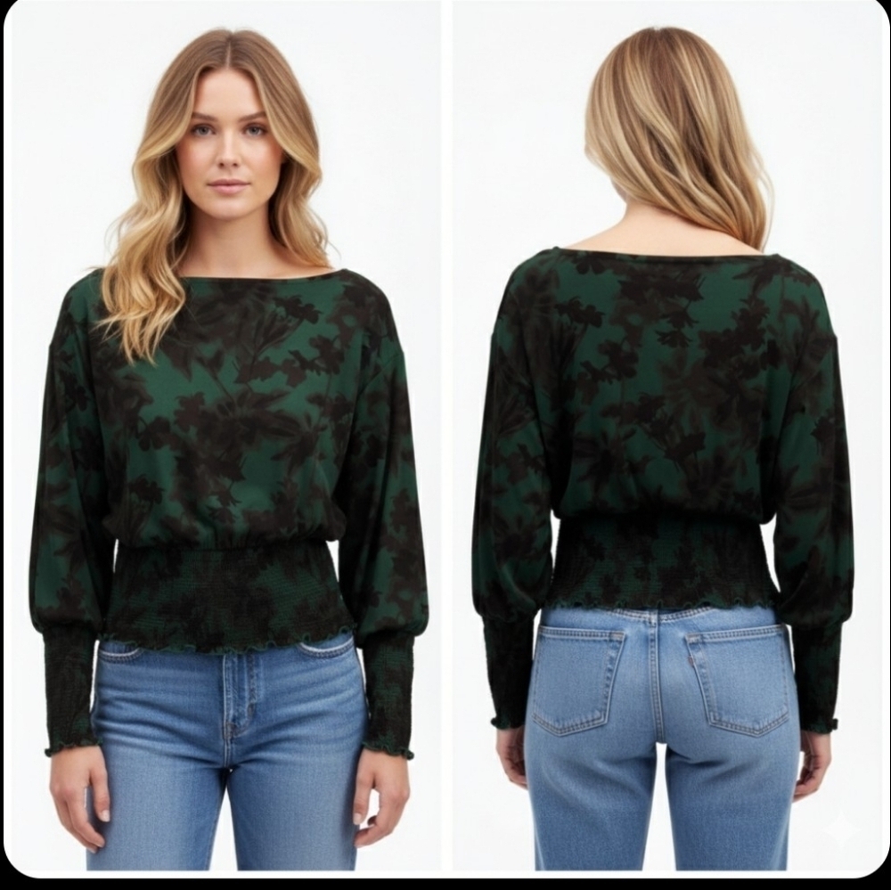 NWT Madewell Floral Long Sleeve Top smocked waist and cuffs Woman's Sz S